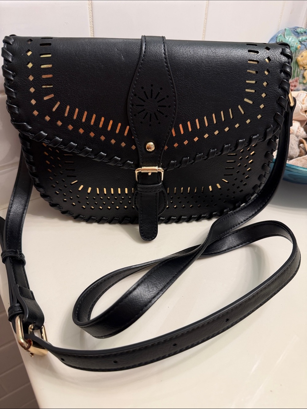 Antik Kraft Black Laser-Cut Saddle Crossbody Bag